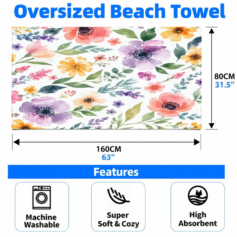 1PCS Watercolor Floral Beach Towel for Adults Summer Pool Travel Outdoor Camping