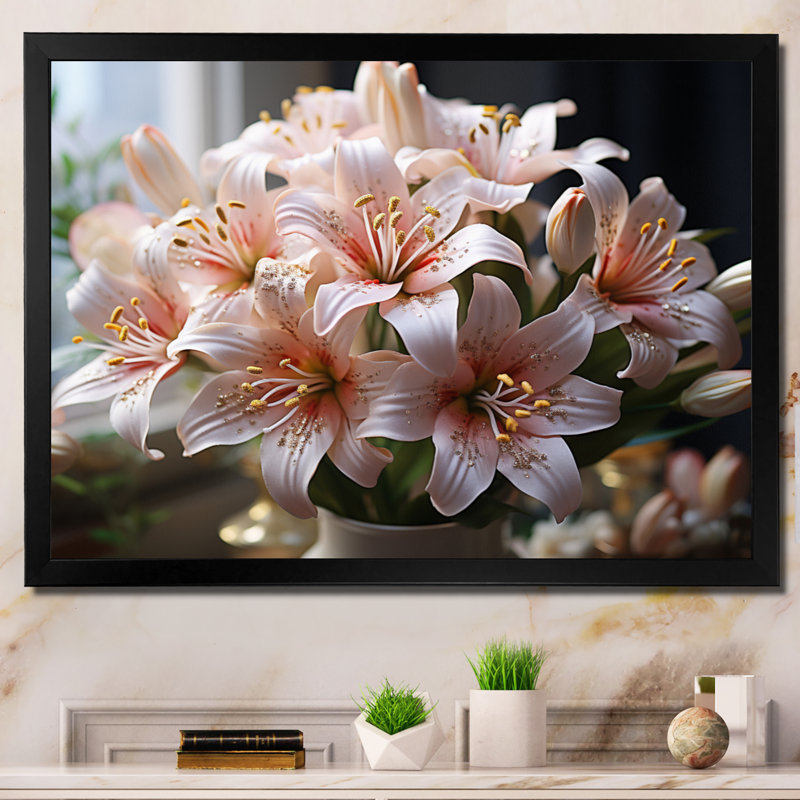 «Peach White Lilies Elegant II», reproduction sur toile, H 12 po x l 20 po x P 1 po, Cadre simple noir