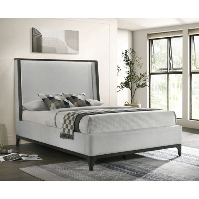 Lit capitonné de style King Size, dossier à oreilles, garniture en bois gris, tissu haut de gamme, mobilier de chambre
