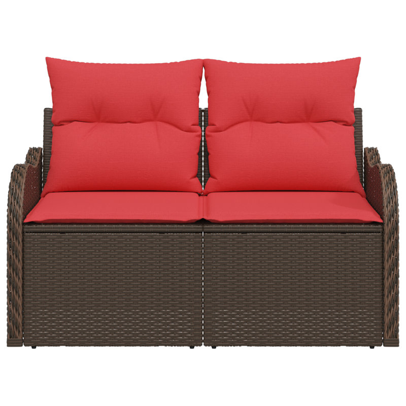  2-Seater Garden Sofa With Cushions Brown Poly Rattan, Brown Frame/Red Cushion