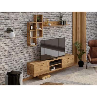 Stylish TV Unit with Wall Shelves, Atlantic Pine Finish, 70.9 x 13.8 x 13.8 Inches | 100% Melamine Coated Chipboard | Features Multiple Shelves, Wall-Mountable Design & Ample Storage for Modern Living Rooms