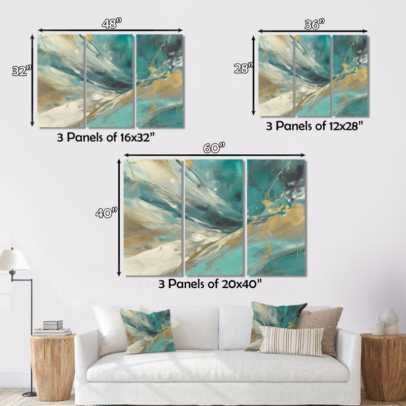 Turquoise Serendipity, peinture abstraite 3 pièces, H 28 po x l 36 po x P 1 po