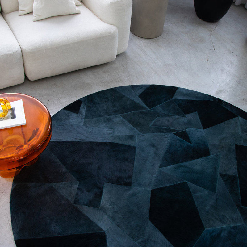 Art Hide X Sasha Biskoff Cowhide Geometric Area Rug in Blue, Round 8'2"
