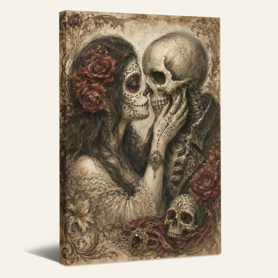 Art rétro sur toile, crâne de sucre et femme squelette avec Halloween rouge