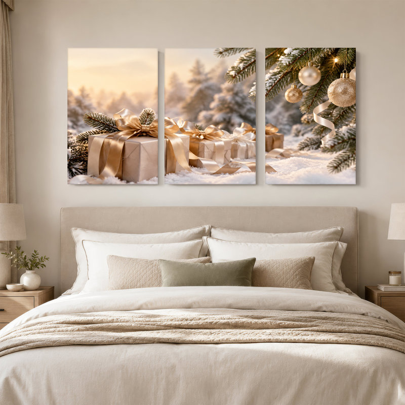 Ensemble de 3 boîtes-cadeaux dorées enneigées en hiver, L 60 po x H 30 po au total - 3 panneaux
