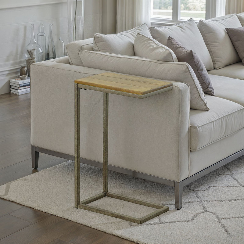 Modern Brown 10" Wide x 25.3" High Side Table with Space-Saving Sliding C-Shape Base, Aged Iron, Harvest Oak