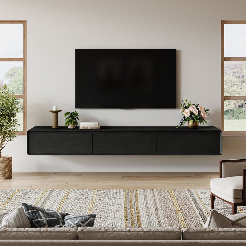Modern Floating TV Stand With Solid Wood Corners, 10.2" H x 94.5" W x 14.6" D