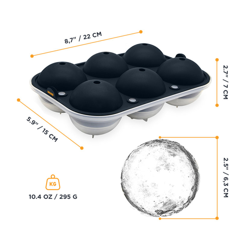 Deiss Pro Whiskey Ice Ball Maker Mold & Plastic Funnel - 6 Large 2.5 Inch Ice Spheres in Round Mold