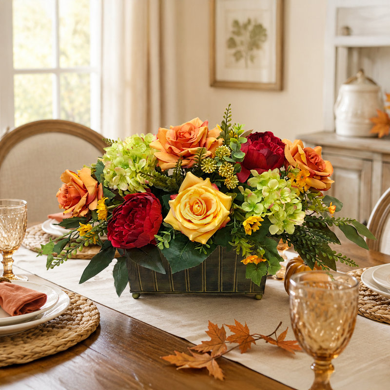 Faux Silk Rose Hydrangea and Sunflower Planter