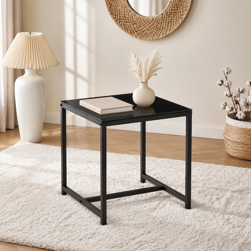 Table de chevet en verre, table d'appoint, petite table de thé, table de bout avec pieds en métal, Noir