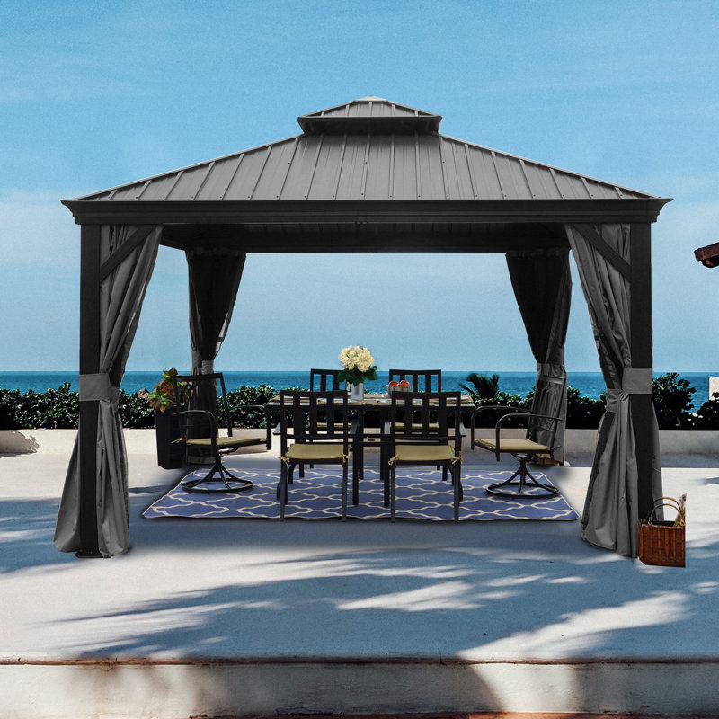 Gray 12x16ft Hardtop Gazebo with Nettings and Curtains