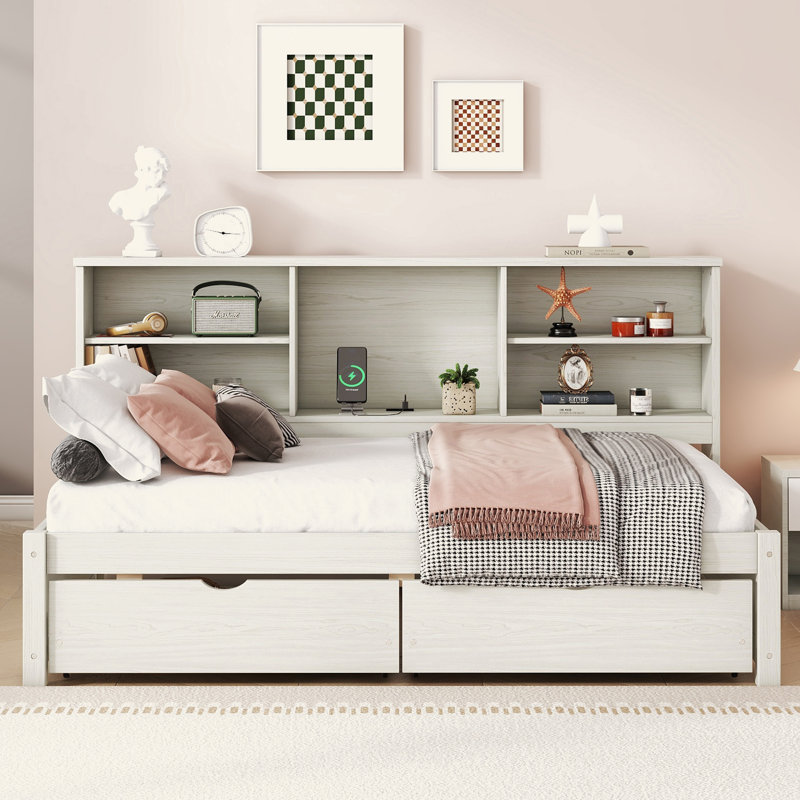 Structure de lit simple avec tablettes latérales, deux tiroirs et port USB intégré, Blanc crémeux