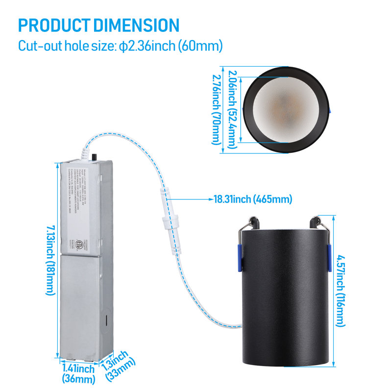 Luminaire encastré 2 po à DEL avec boîte en J, 6 W à intensité variable, plafonnier 5CCT