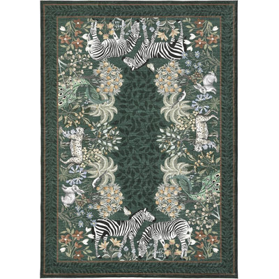 Zebra Green Washable Rugs 8X10 For Playroom Vintage Jungle Woodland Forest Safari Animal Print Rug Low Pile Botanical Kids Rugs For Living Room Kitchen Nursery Room