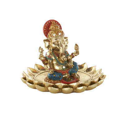Sayeri Resin Ganesh Decorative Gold Sculpture with Lotus Plate and Colorful Dresswear