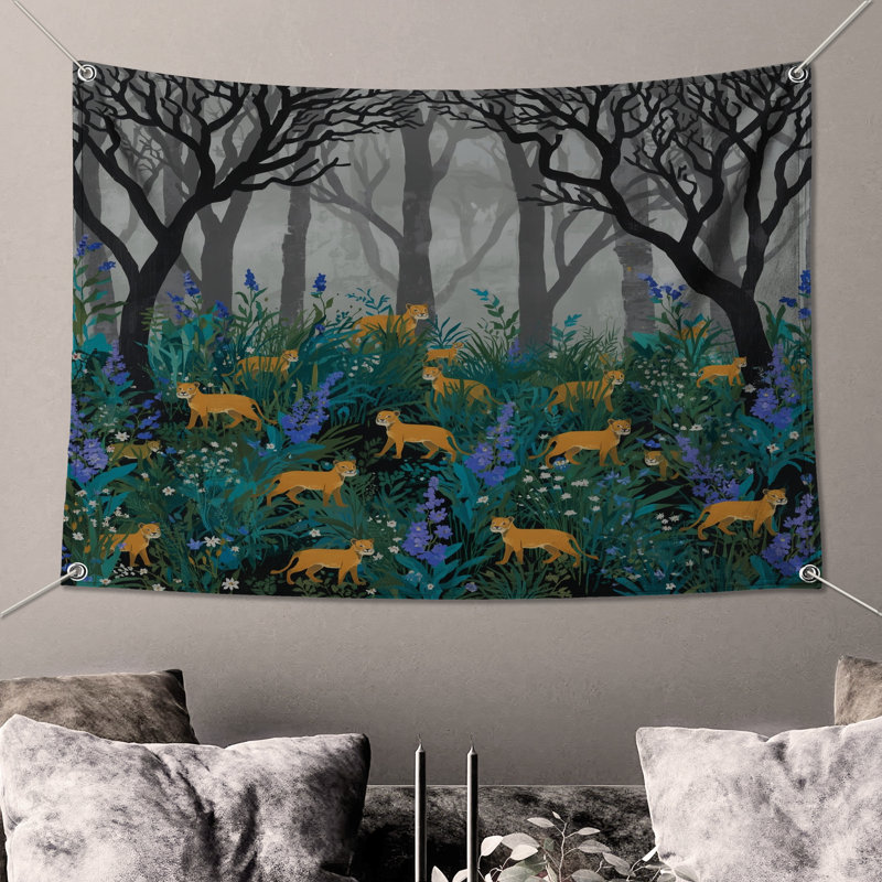 Tapisserie murale «Lions In Misty Forest» - Décoration murale faune, H 104 po x 88 avec 4 œillets