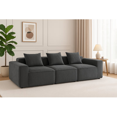 Canapé modulaire modulaire en velours côtelé, canapé 3 places tout mousse, siège profond à profil bas, gris foncé, l 111,4 po x P 40,7 po x H 23,6 po