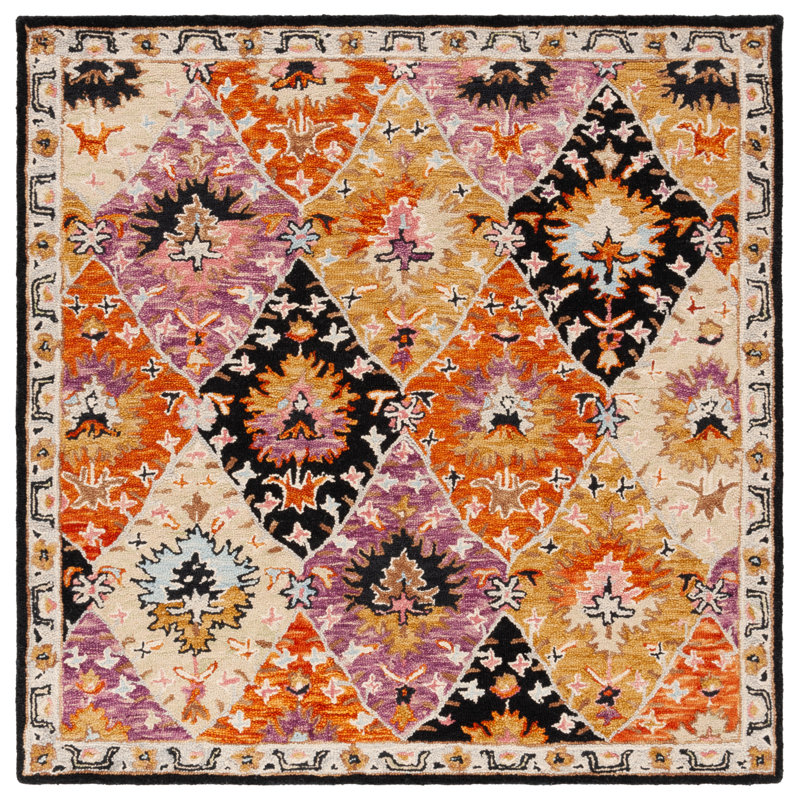 Fredick Tufted Wool/Cotton Southwestern Rug in Yellow/Black/Pink, Square 6'
