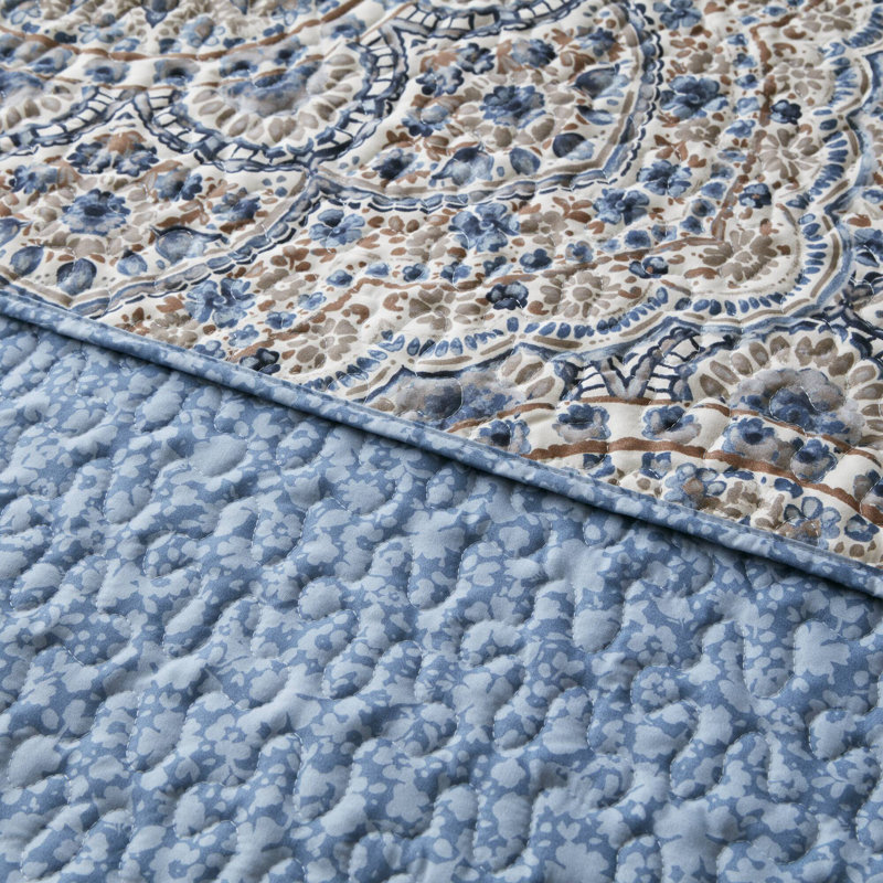 Courtepointe simple réversible 2 pièces Valerie, Édredon simple + 1 très grande taie décorative, Motif floral bleu