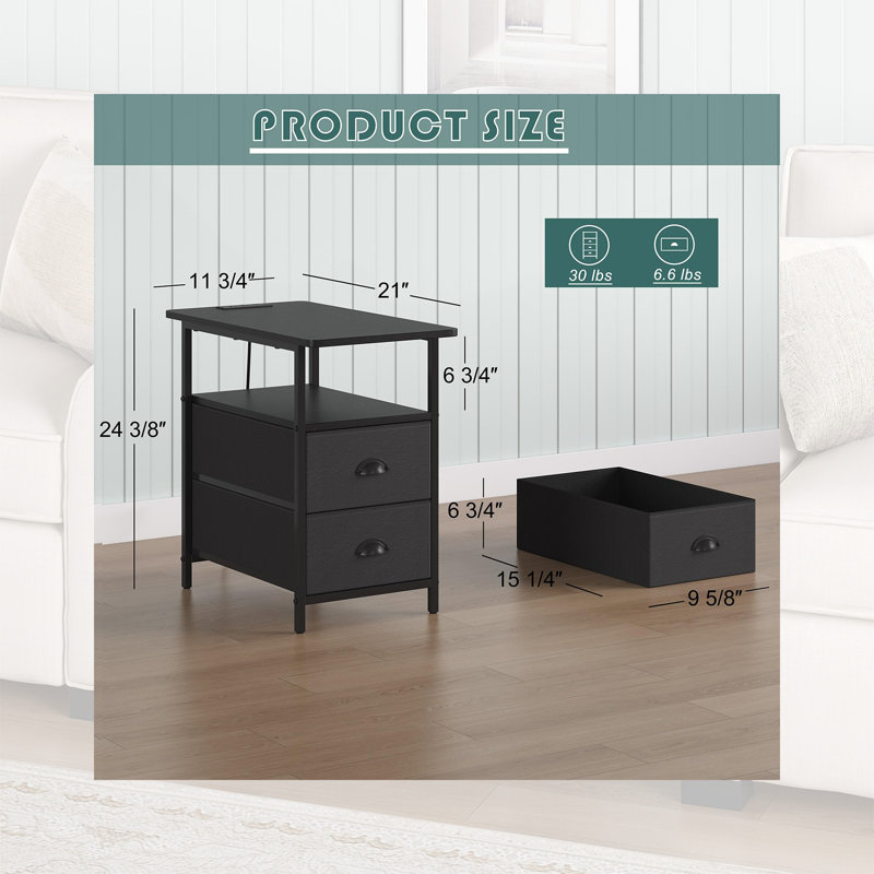 Table de bout étroite 11,75 po avec station de charge - Table d'appoint mince avec 2 tiroirs en tissu et ports USB - Table de chevet blanche pour petits espaces