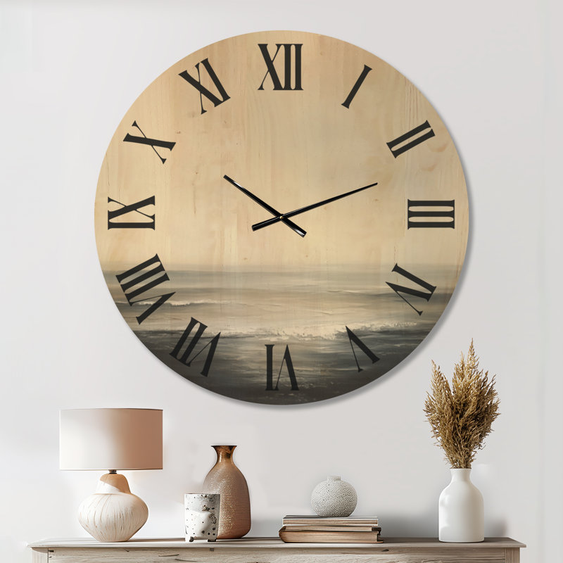 Horloge murale côtière beige « Duted Tide Line », imprimée sur bois, Extra Large