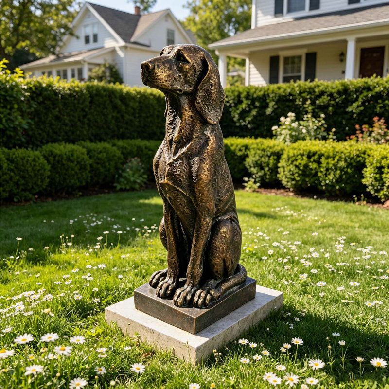 Statue de chien de chasse assis en bronze rétro, sculpture de chien en résine 29 po pour décor de maison de campagne et de style occidental
