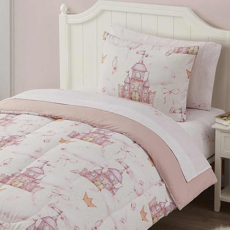 Fairytale Princess Pink Printed Kids Bedding Set with Comforter