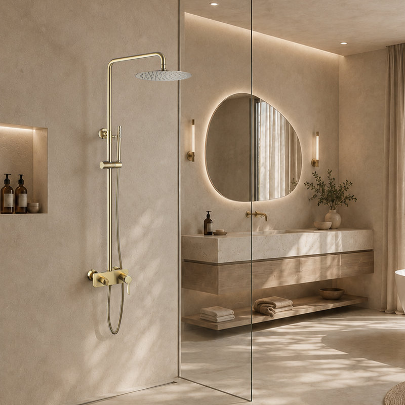 Système de douche apparent en laiton massif doré brossé de 25,4 cm (10 po) avec bec de baignoire, ensemble de douche à 3 fonctions, vanne d'encastrement à pression équilibrée certifiée cUPC