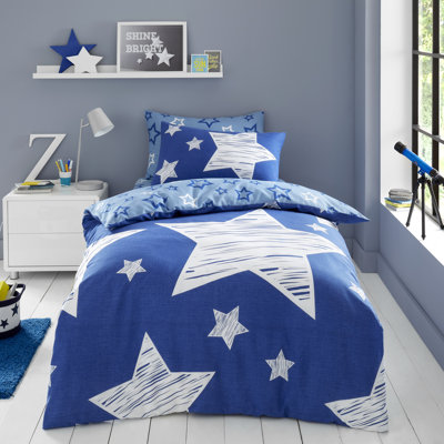 Kids Star Pattern Duvet Cover Set Polycotton Bed Linen with Pillowcases Soft Breathable Quilt Cover Secure Button Closure Easy Care