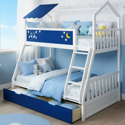Twin Over Full Solid Wood House Bed for Kids With Drawers And Guardrail, Night Sky Inspired Design by Harper Orchard