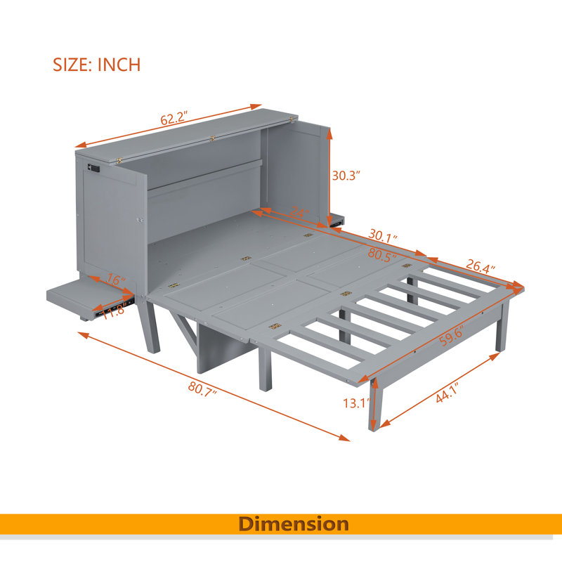 Lit escamotable avec port USB et tablettes amovibles de chaque côté, Lit simple, Gris