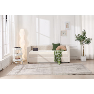 Twin Size Upholstered Daybed With Trundle,USB Port ,Side Pockets, Modern V-Grained Backrest Design,No Box Spring Needed, For Bedroom, Guest Room ( Beige, Twin)