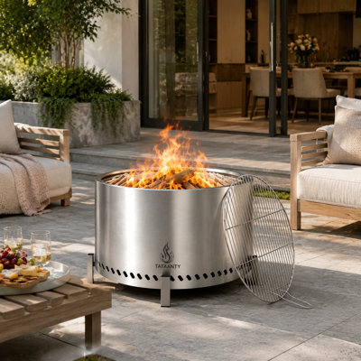 27.5" Smokeless Fire Pit, Stainless Steel Wood Burning Outdoor Fireplace with Stand and Grill Rack, Portable Backyard Bonfire Stove for Patio, Camping & Gatherings