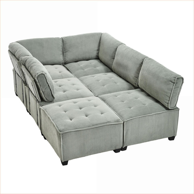 Sectional Sofas | 6-Seat U-Shaped Convertible Modular Couch, For Living Room | Mint Green | Corduroy, Mint Green Corduroy