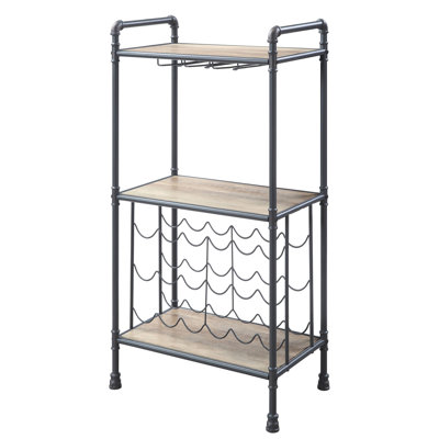 Porte-bouteilles en chêne antique et gris sable avec porte-verres à pied
