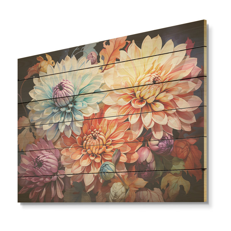 «Mums Burst» avec un pinceau féroce et des couleurs intenses - Art sur bois de pin naturel, H 10 po x l 20 po