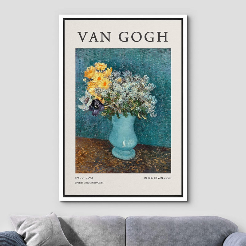 «Classical Artwork Flowers In A Blue Vase», reproduction encadrée sur toile par Vincent Van Gogh, Blanc