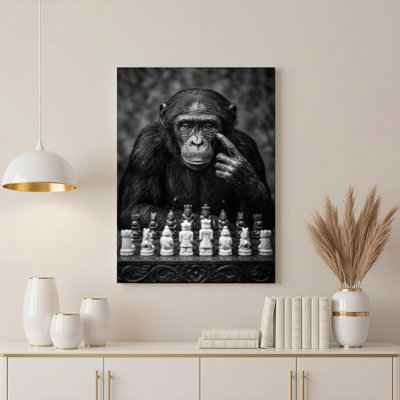 «Gallery Wrap», art mural sur toile pour le salon, la chambre à coucher, le bureau ou le vestibule - décoration murale décorative avec jeu d'échecs de singe
