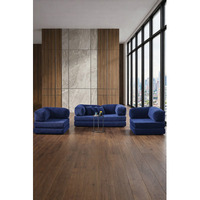 Grand canapé modulaire en velours bleu avec assise basse