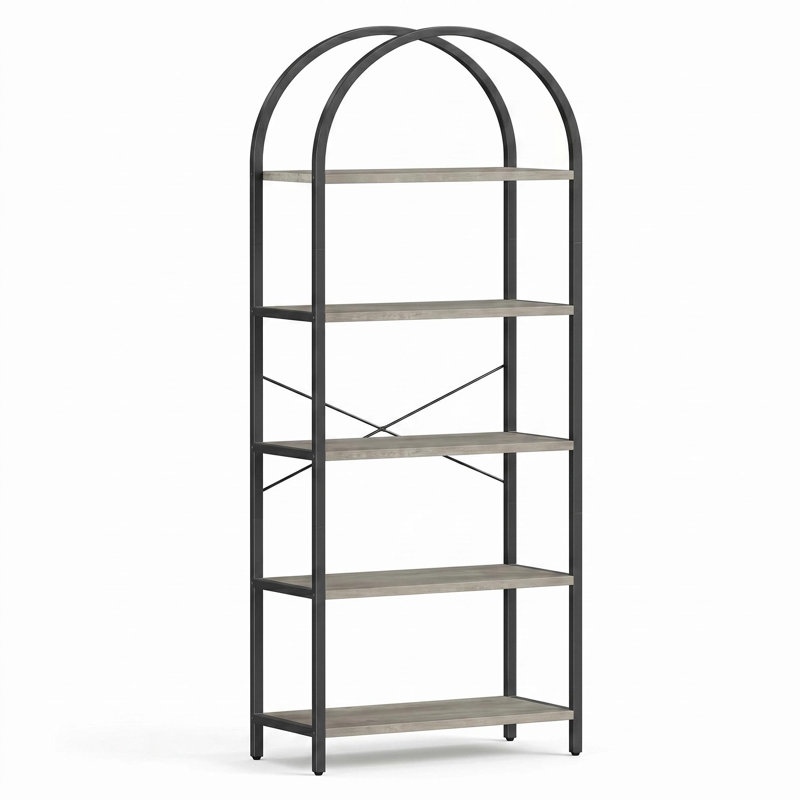 71" Arched Bookcase, 5-Tier Industrial Bookshelf with Metal Frame, Tall Storage Display Shelf for Living Room, Bedroom, Home Office