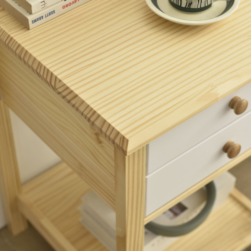 Table de chevet en bois massif à 2 tiroirs Adaryl, Naturel / Blanc