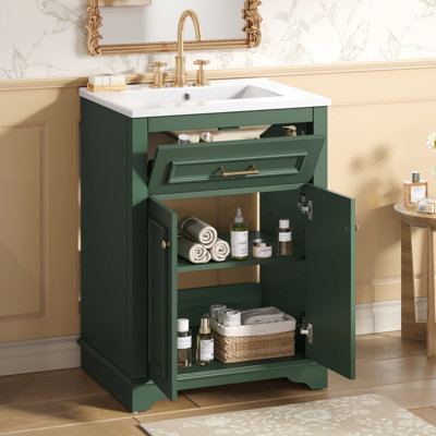 Meuble-lavabo 24 po avec lavabo en céramique intégré, armoire 2 portes, 1 tiroir basculant, espace, design moderne, quincaillerie avec rangement spacieux, élégance et assemblage facile