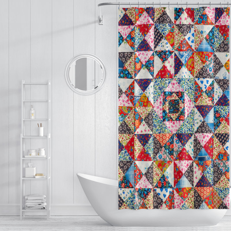 Rideau de douche simple Patchwork + crochets, H 83 po x l 70 po