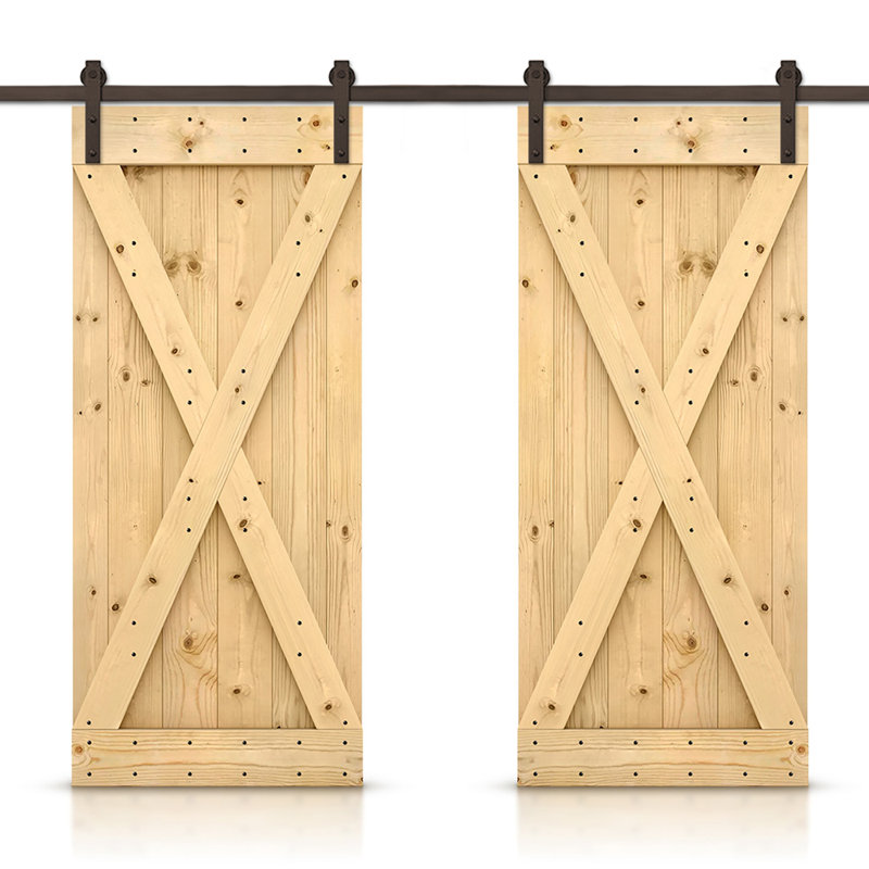 Porte de grange en bois massif lambrissé et métal, Naturel, 96 po x 84 po
