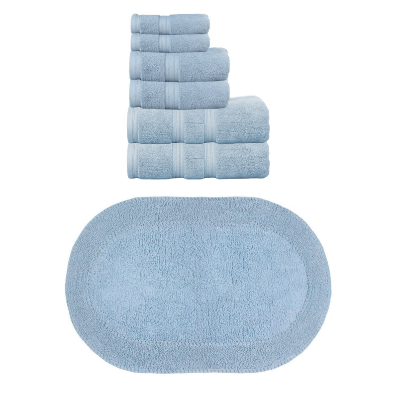 Brunk Collection 100% Soft Cotton Bath Towel Set & Bath Rug, Blue, 7 Piece Towel Set