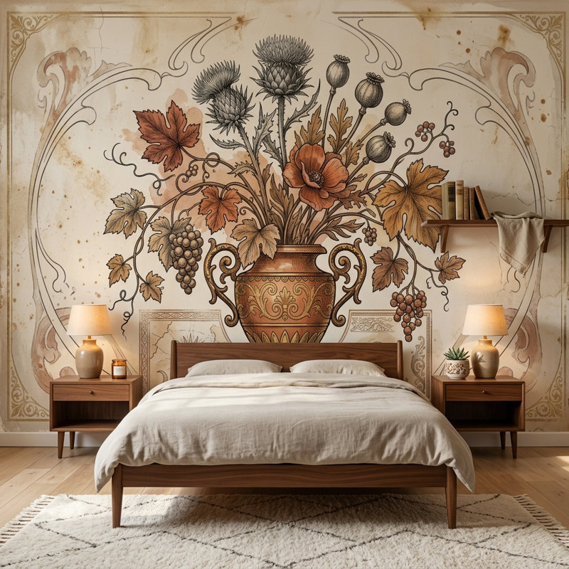 Murale rétro avec motif floral et ornement floral, 100 po x 96 po, Non tissé