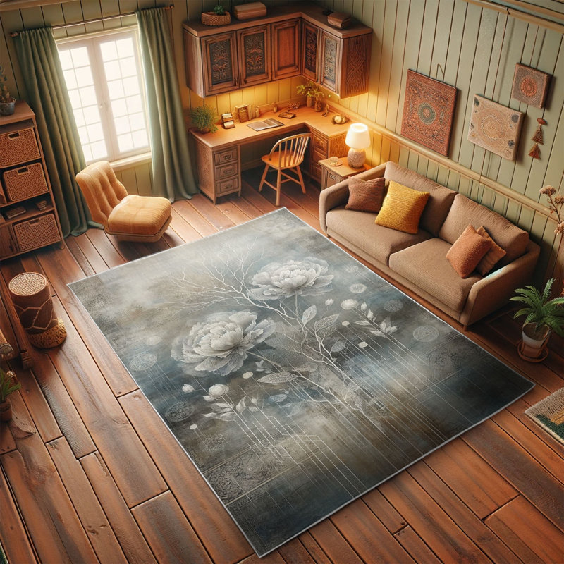 Blue and Gray Abstract Floral Synthetic Area Rug