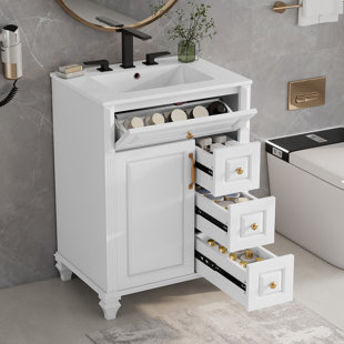 24 Inch Freestanding Bathroom Vanity With Ceramic Sink, Green Cabinet, Flip-out Drawer, 3 Drawers & Storage (solid Wood & Mdf Construction)