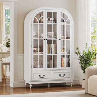 66.9" Tall Arched Cabinet With Glass Doors, White Display Cabinet For Living Room, Kitchen, Dining Room