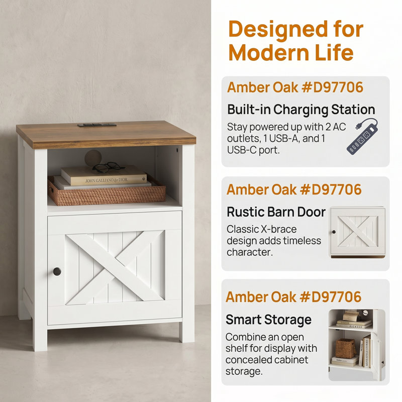 Farmhouse Nightstand Side Table With Electrical Outlets Charging Station,Bedside Table With Open Shelf And Barn Door Storage For Bedroom Room